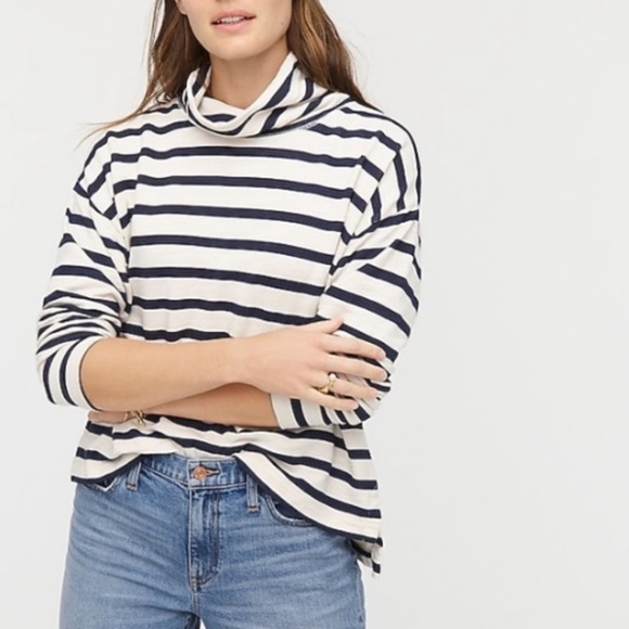 J. Crew Vintage Terry Cotton Stripe Navy Turtleneck Pullover Sweatshirt - Picture 1 of 10